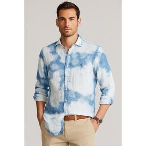 Polo Ralph Lauren Men's Classic Fit Indigo Dyed Linen Shirt Blue White Small